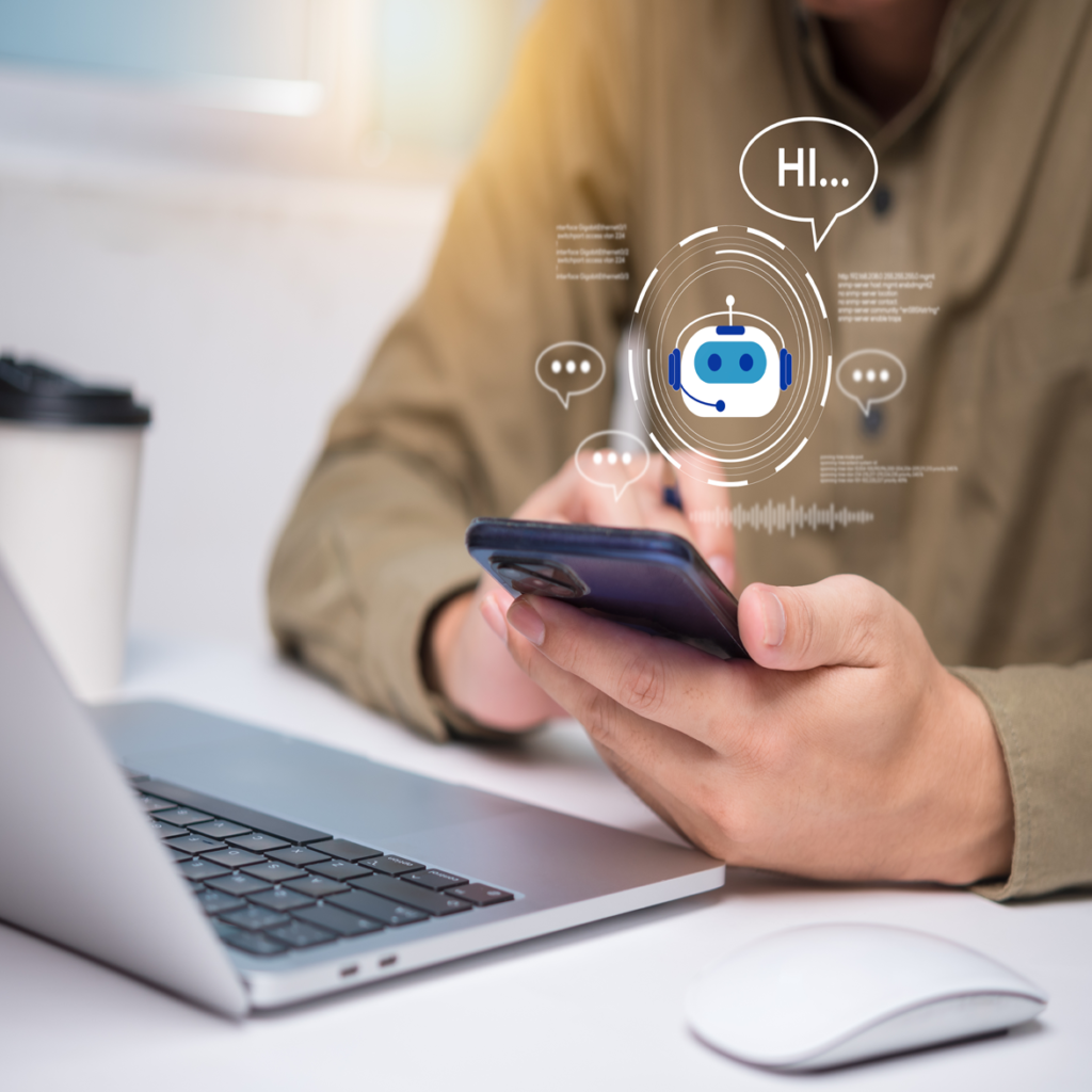 MJ's AI chatbot interface on a laptop screen in a dark office with Dublin city lights in the background, representing 24/7 lead generation.