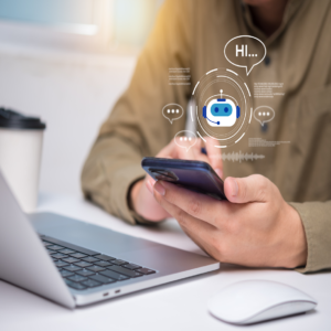 MJ's AI chatbot interface on a laptop screen in a dark office with Dublin city lights in the background, representing 24/7 lead generation.